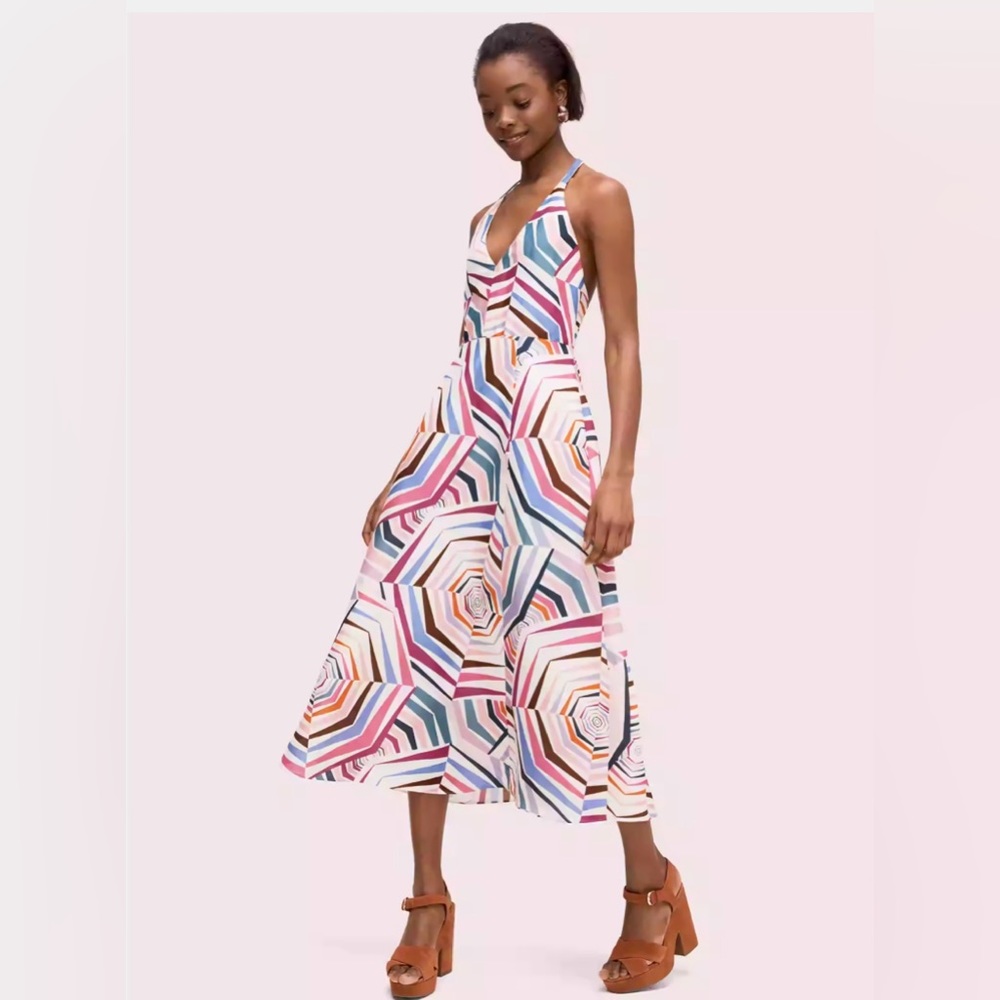 kate spade Striped Geometric Midi Dress in White, Pink, Blue, Green, Brown